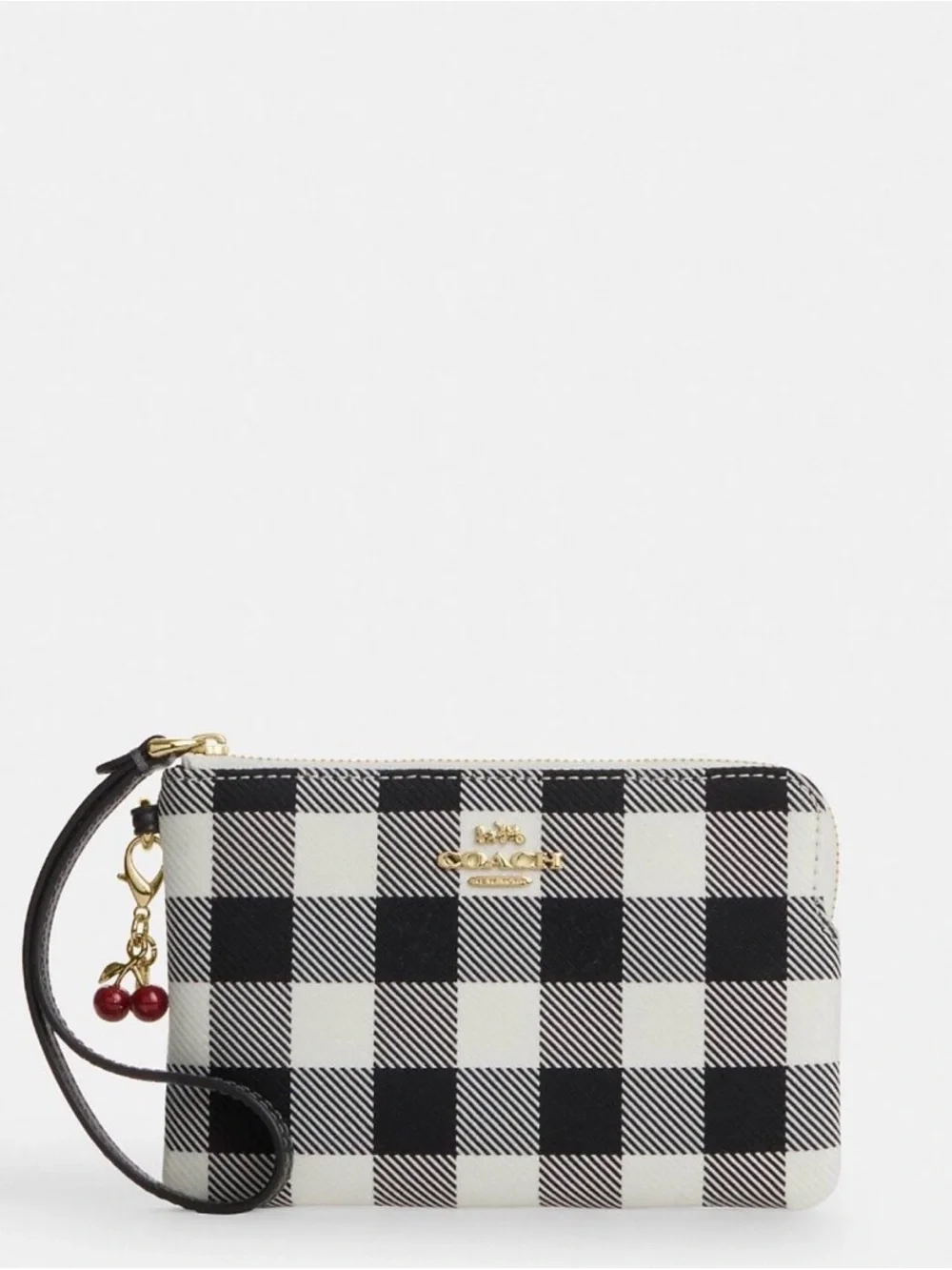 Coach Black and White Gingham Check Wristlet with Cherry Charm